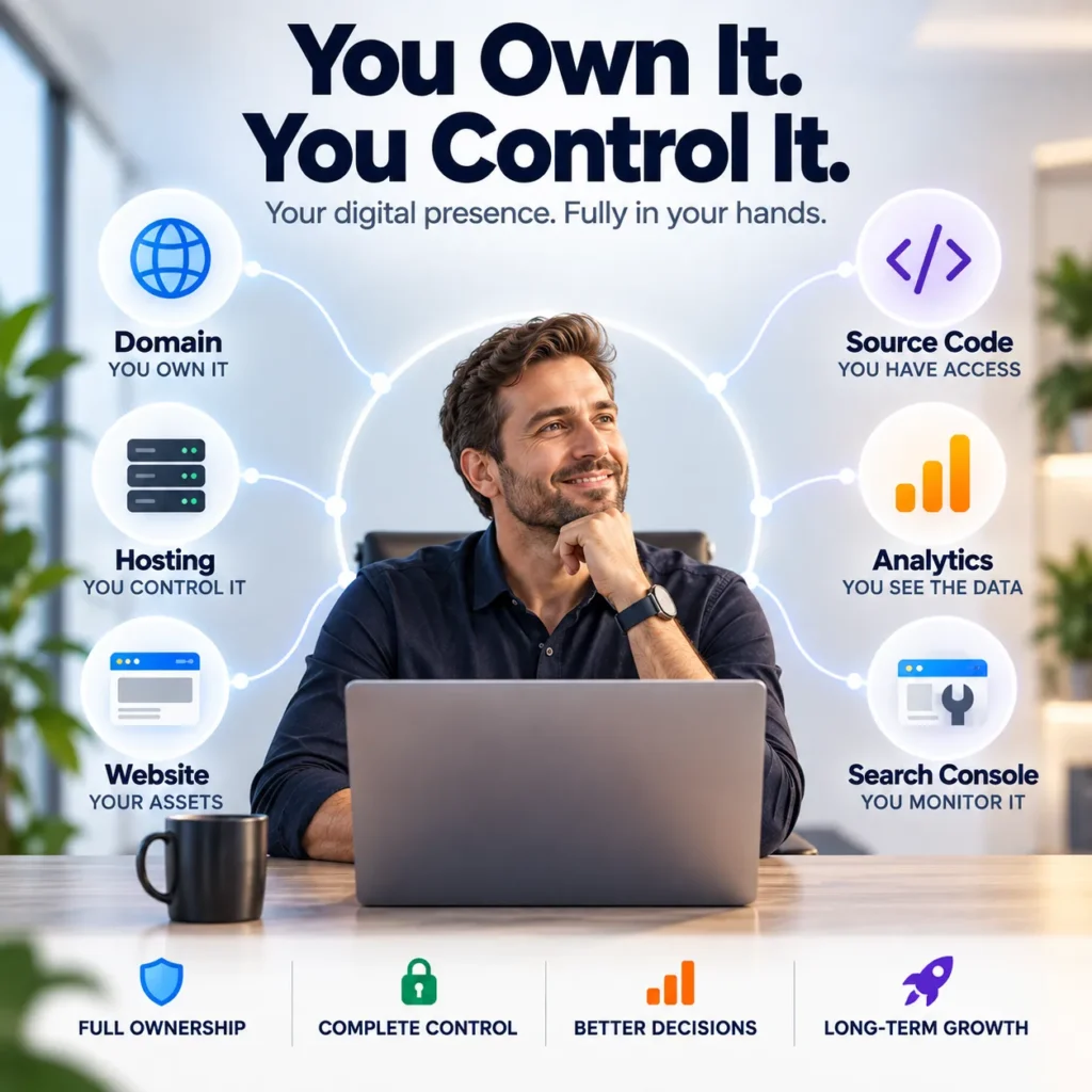 Business owner controlling website domain hosting source code and analytics