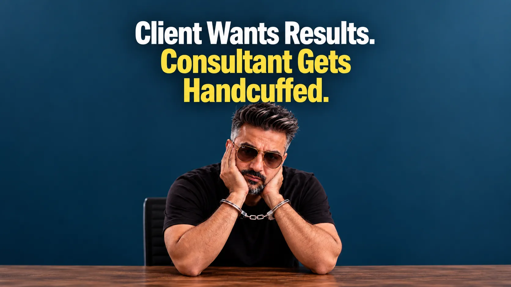 A Web Design Consultant sitting at a desk with handcuffs around his wrists, illustrating the accountability trap between clients and SEO web design consultants.
