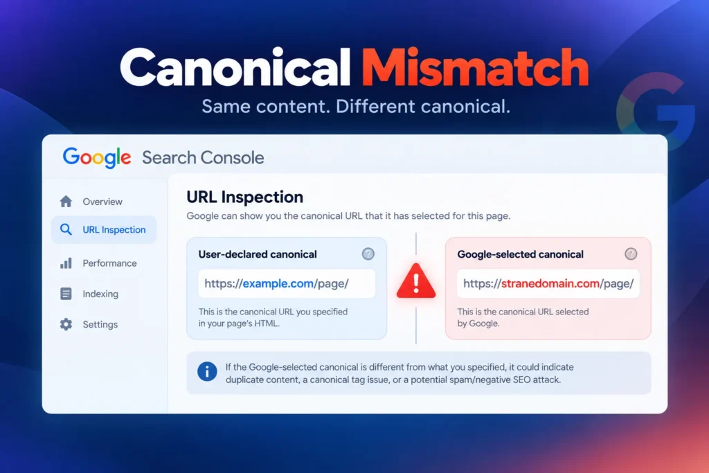 Conceptual Google Search Console illustration showing different user-declared and Google-selected canonical URLs.