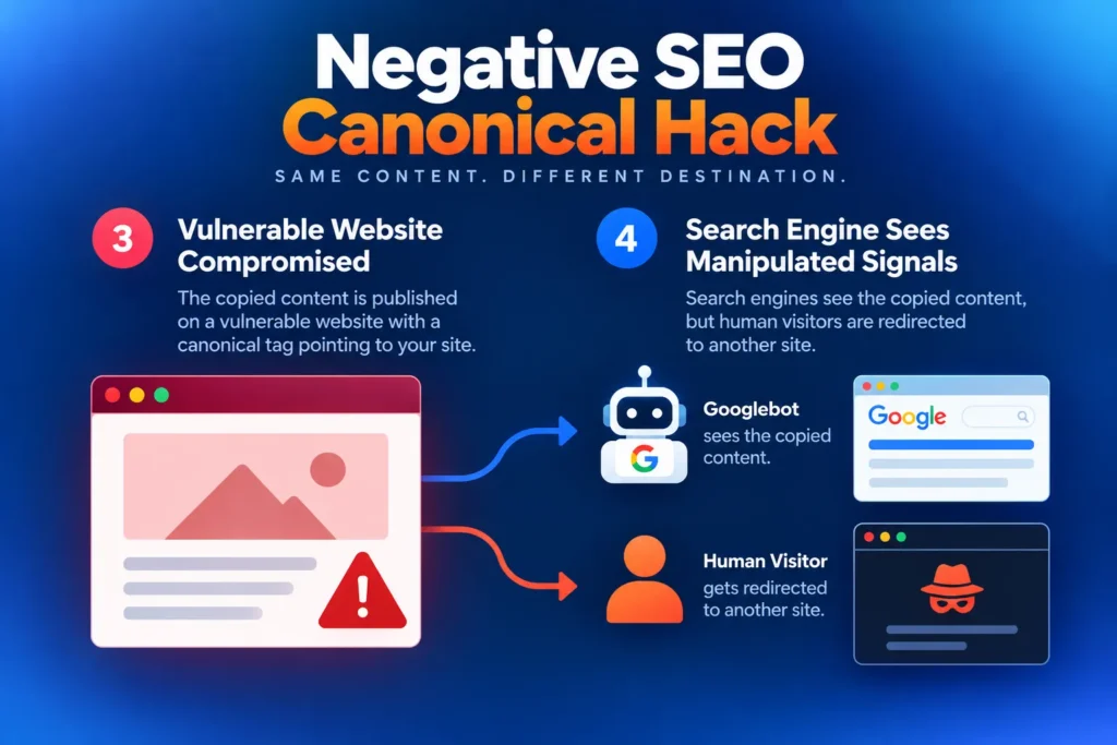 Illustration showing copied content published on a compromised website, with search engines seeing manipulated signals while human visitors are redirected elsewhere.