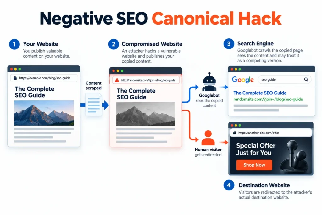 Diagram showing how a negative SEO canonical hack works, with content scraped from a legitimate website, published on a compromised site, crawled by Googlebot, and human visitors redirected to another website.