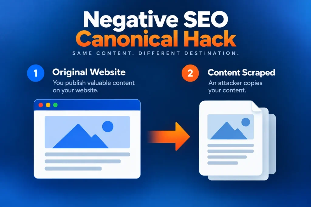 Illustration showing original website content being copied by an attacker as part of a negative SEO canonical hack.