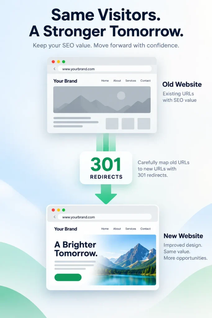 Website redesign migration with old URLs mapped to new URLs using redirects